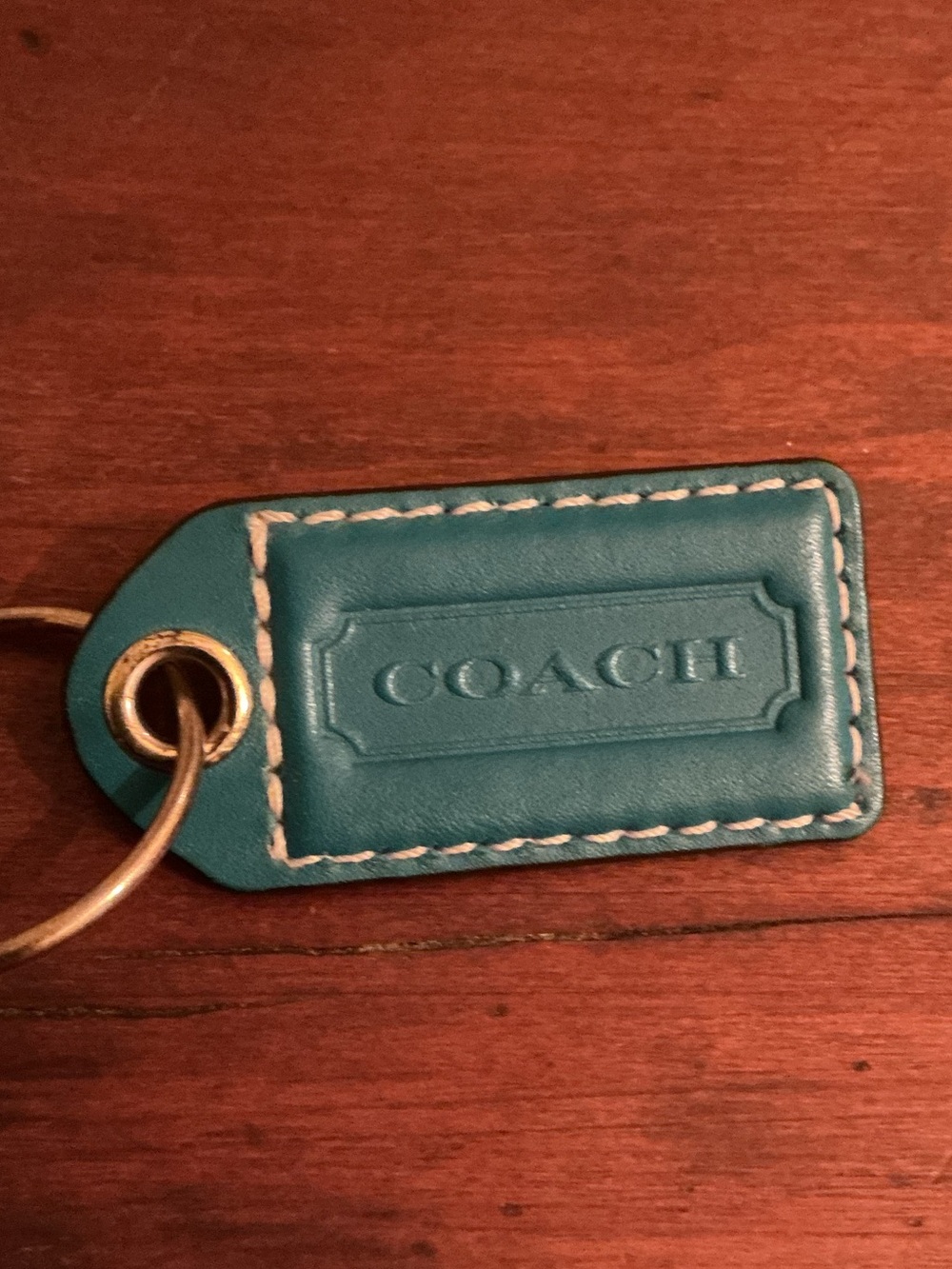 COACH Y2K Teal Leather Logo Key Tag with Gold Ring